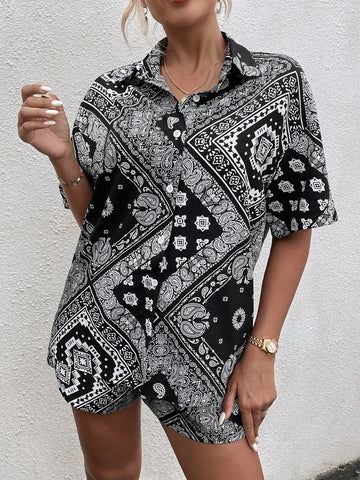 Scarf & Paisley Print Drop Shoulder Blouse & Shorts - Browsglamour