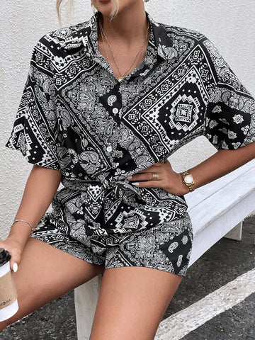 Scarf & Paisley Print Drop Shoulder Blouse & Shorts - Browsglamour