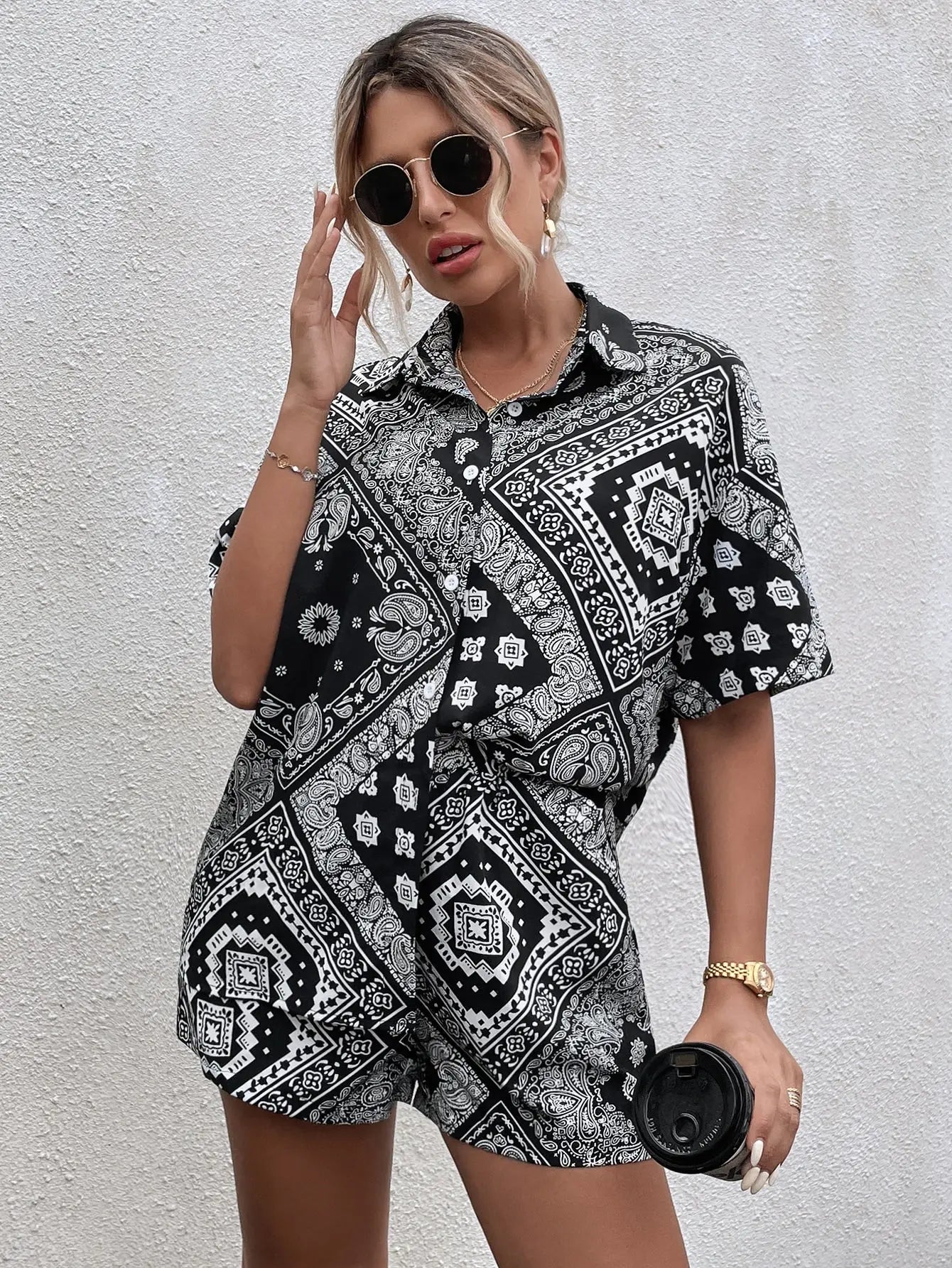 Scarf & Paisley Print Drop Shoulder Blouse & Shorts - Browsglamour