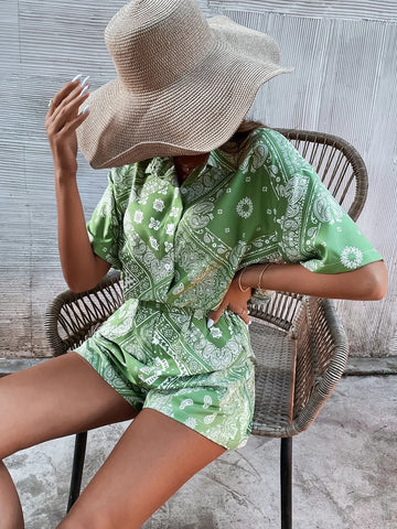 Scarf & Paisley Print Drop Shoulder Blouse & Shorts - Browsglamour