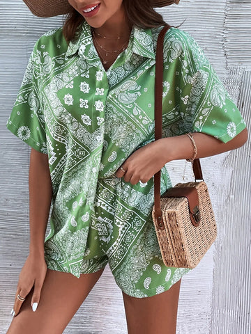 Scarf & Paisley Print Drop Shoulder Blouse & Shorts - Browsglamour