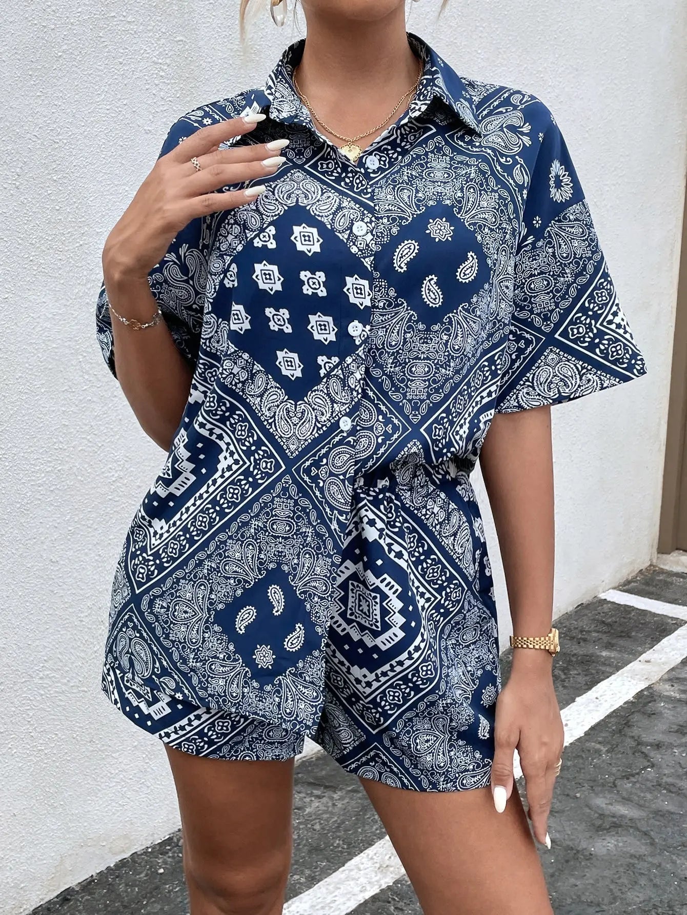 Scarf & Paisley Print Drop Shoulder Blouse & Shorts - Browsglamour