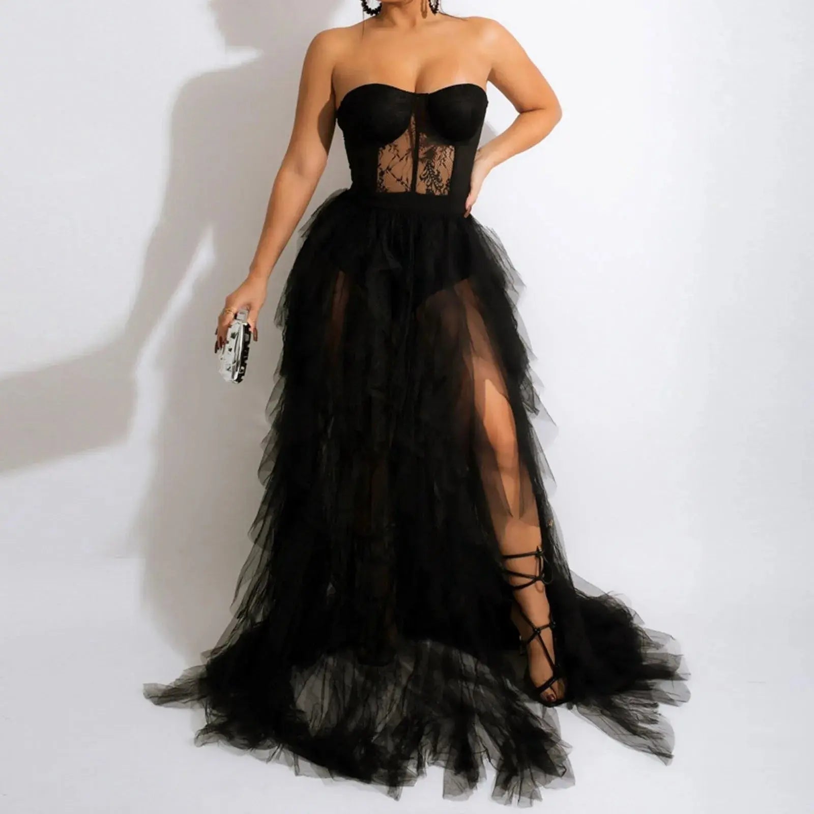 See Through Lace Mesh Corset Maxi Dress - Browsglamour