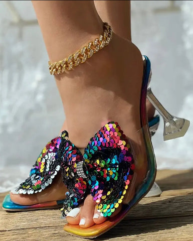 Sequin Bowknot Design Heels - Browsglamour