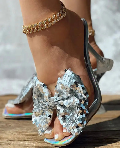 Sequin Bowknot Design Heels - Browsglamour