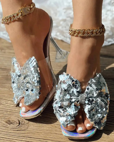 Sequin Bowknot Design Heels - Browsglamour