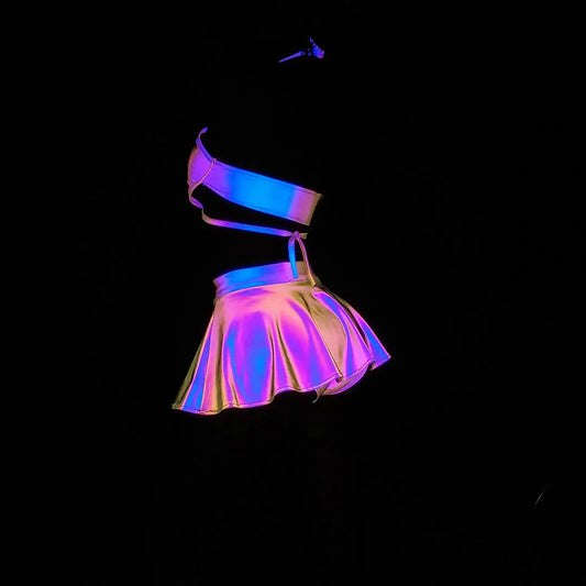 Sexy Shiny Reflective Stage Tank and Skirt Set Party Rave Gogo Dancer Outfit - Browsglamour