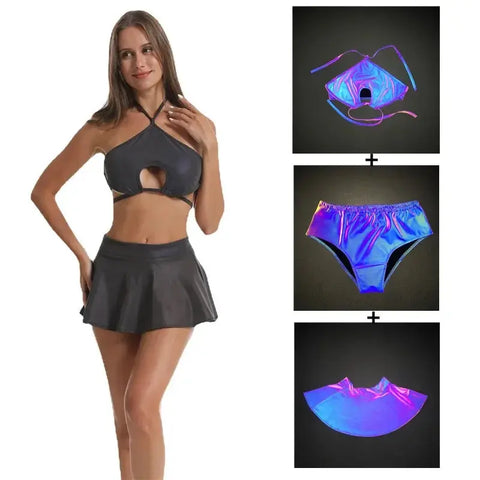 Sexy Shiny Reflective Stage Tank and Skirt Set Party Rave Gogo Dancer Outfit - Browsglamour