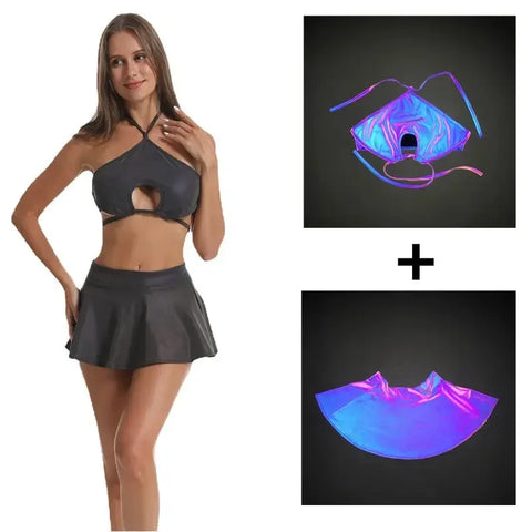 Sexy Shiny Reflective Stage Tank and Skirt Set Party Rave Gogo Dancer Outfit - Browsglamour