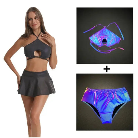 Sexy Shiny Reflective Stage Tank and Skirt Set Party Rave Gogo Dancer Outfit - Browsglamour