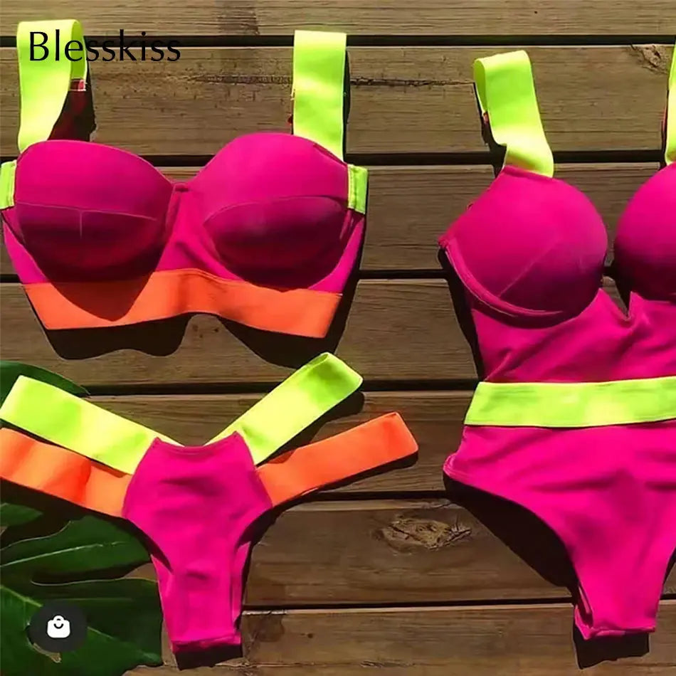 Skittles Colorblock Sexy Push Up Neon Bandage Brazilian Bikini Set - Browsglamour