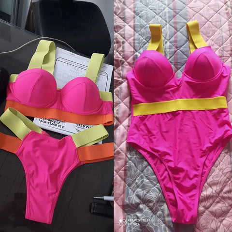 Skittles Colorblock Sexy Push Up Neon Bandage Brazilian Bikini Set - Browsglamour