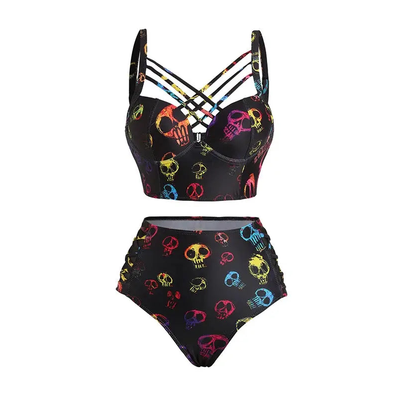 Skull Print Bikinis Set Crisscross Beach Bikini - Browsglamour