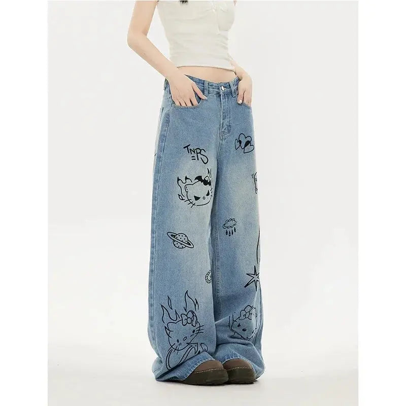 Sweet Casual High Waist Hello Kitty Baggy Straight Jeans Browsglamour