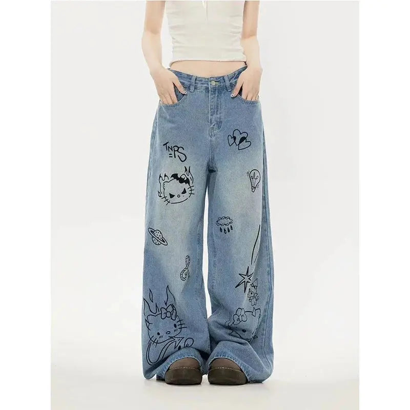 Sweet Casual High Waist HK Baggy Straight Jeans - Browsglamour