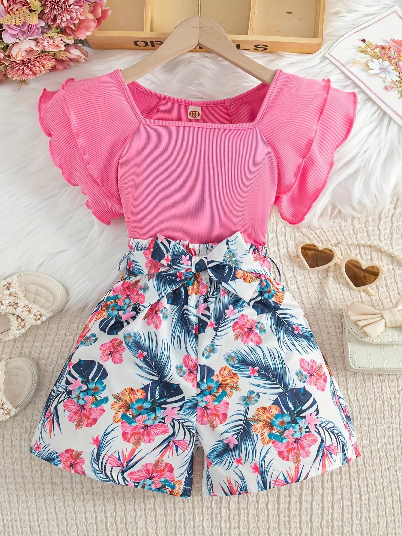 Teen Girls 2pcs Square Neck Ruffle Sleeve Top & Tropical Floral High Waited Shorts Summer Two-Piece Outfit Browsglamour