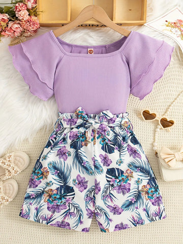 Teen Girls 2pcs Square Neck Ruffle Sleeve Top & Tropical Floral High Waited Shorts Summer Two-Piece Outfit Browsglamour