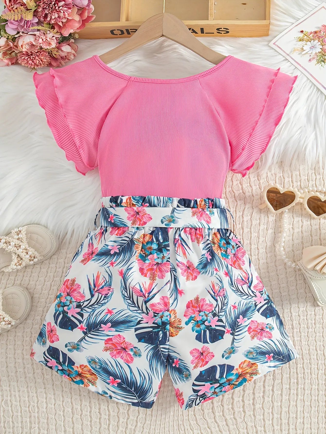 Teen Girls 2pcs Square Neck Ruffle Sleeve Top & Tropical Floral High Waited Shorts Summer Two-Piece Outfit Browsglamour