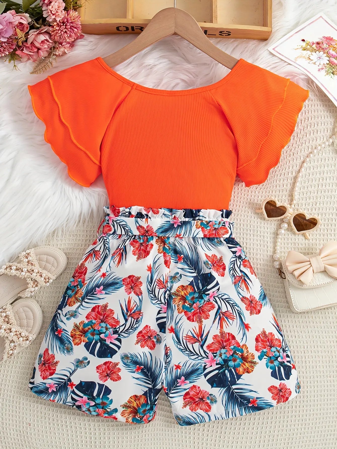 Teen Girls 2pcs Square Neck Ruffle Sleeve Top & Tropical Floral High Waited Shorts Summer Two-Piece Outfit Browsglamour