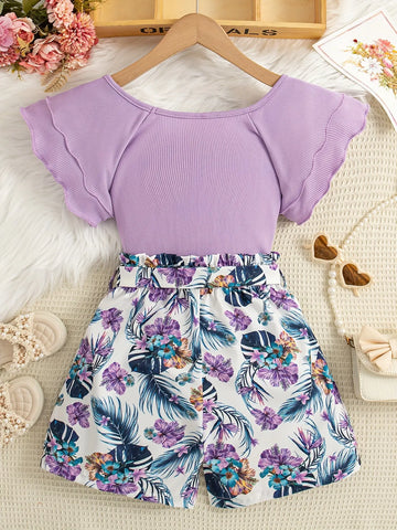 Teen Girls 2pcs Square Neck Ruffle Sleeve Top & Tropical Floral High Waited Shorts Summer Two-Piece Outfit Browsglamour