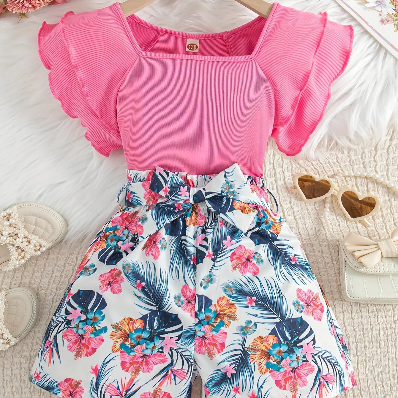 Teen Girls 2pcs Square Neck Ruffle Sleeve Top & Tropical Floral High Waited Shorts Summer Two-Piece Outfit - Browsglamour