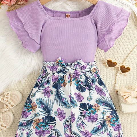 Teen Girls 2pcs Square Neck Ruffle Sleeve Top & Tropical Floral High Waited Shorts Summer Two-Piece Outfit - Browsglamour