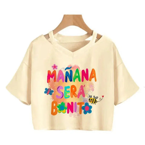 Tomorrow Will Be Nice Graphic T-shirt Karol G Heart Crop Tops Women Manana Sera Bonito Cropped Tee Shirts - Browsglamour