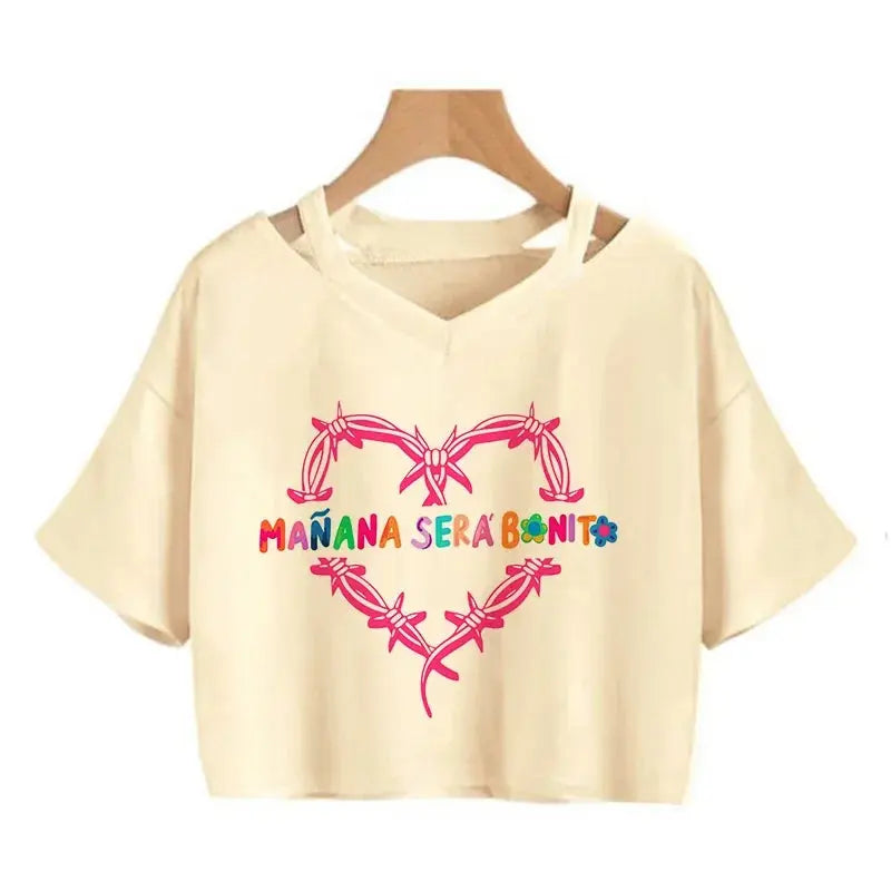 Tomorrow Will Be Nice Graphic T-shirt Karol G Heart Crop Tops Women Manana Sera Bonito Cropped Tee Shirts - Browsglamour