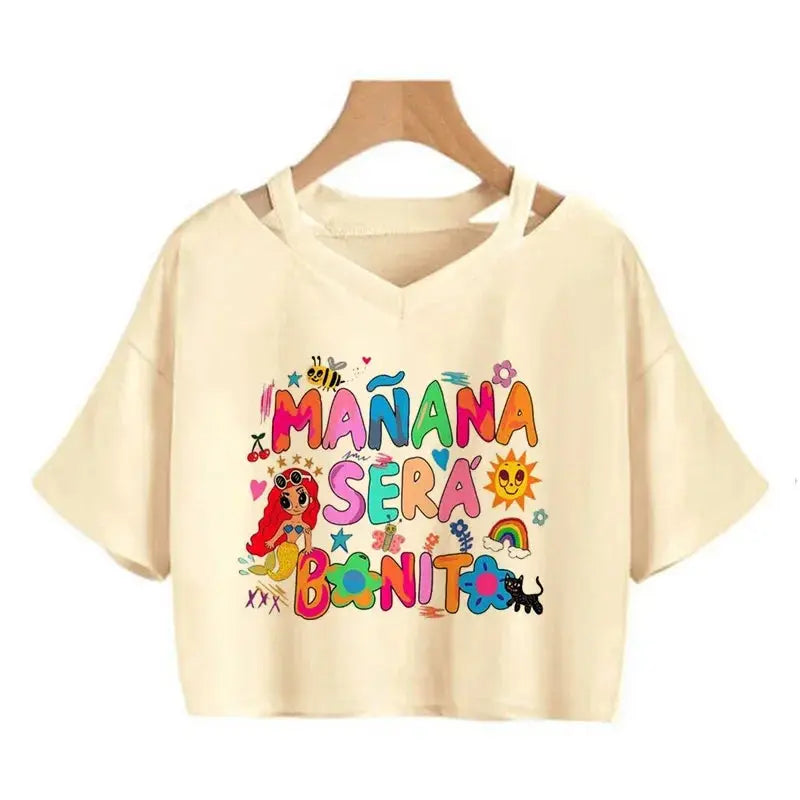 Tomorrow Will Be Nice Graphic T-shirt Karol G Heart Crop Tops Women Manana Sera Bonito Cropped Tee Shirts - Browsglamour