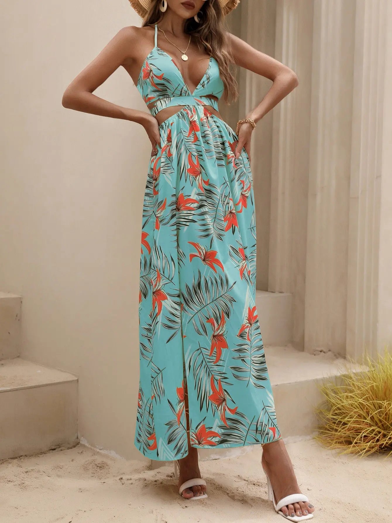 Tropical Print Backless Knot Halter Neck Split Thigh Dress - Browsglamour