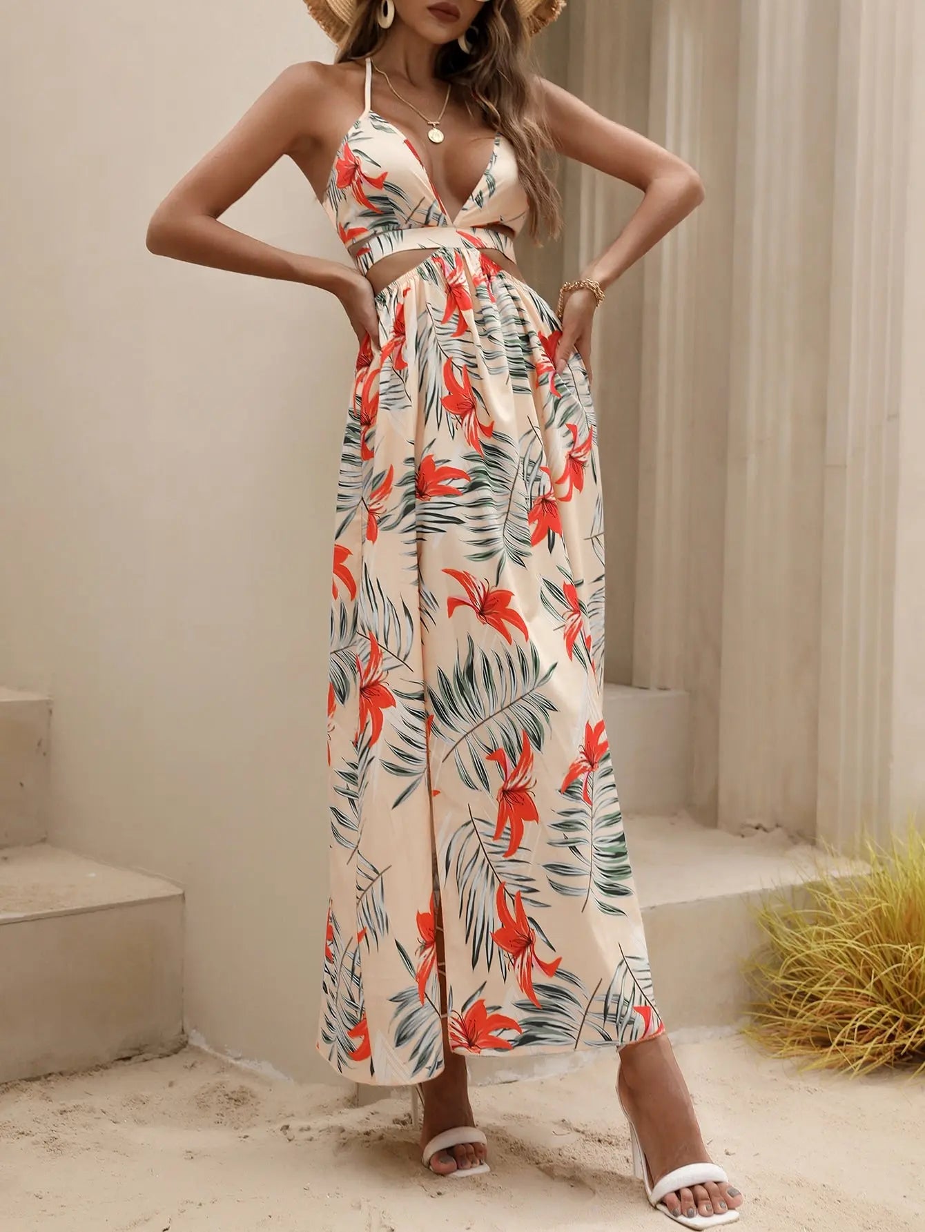 Tropical Print Backless Knot Halter Neck Split Thigh Dress - Browsglamour