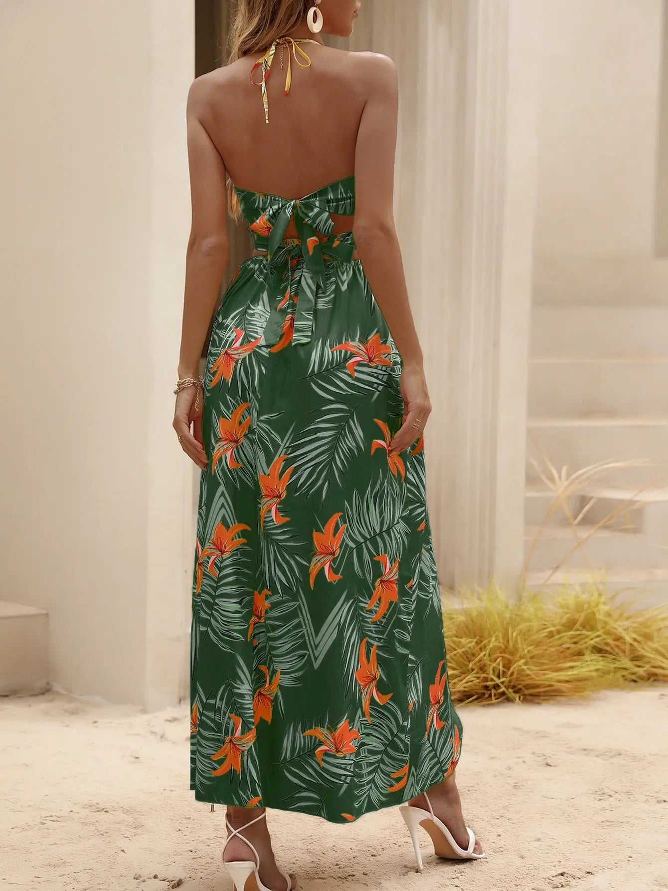 Tropical Print Backless Knot Halter Neck Split Thigh Dress - Browsglamour