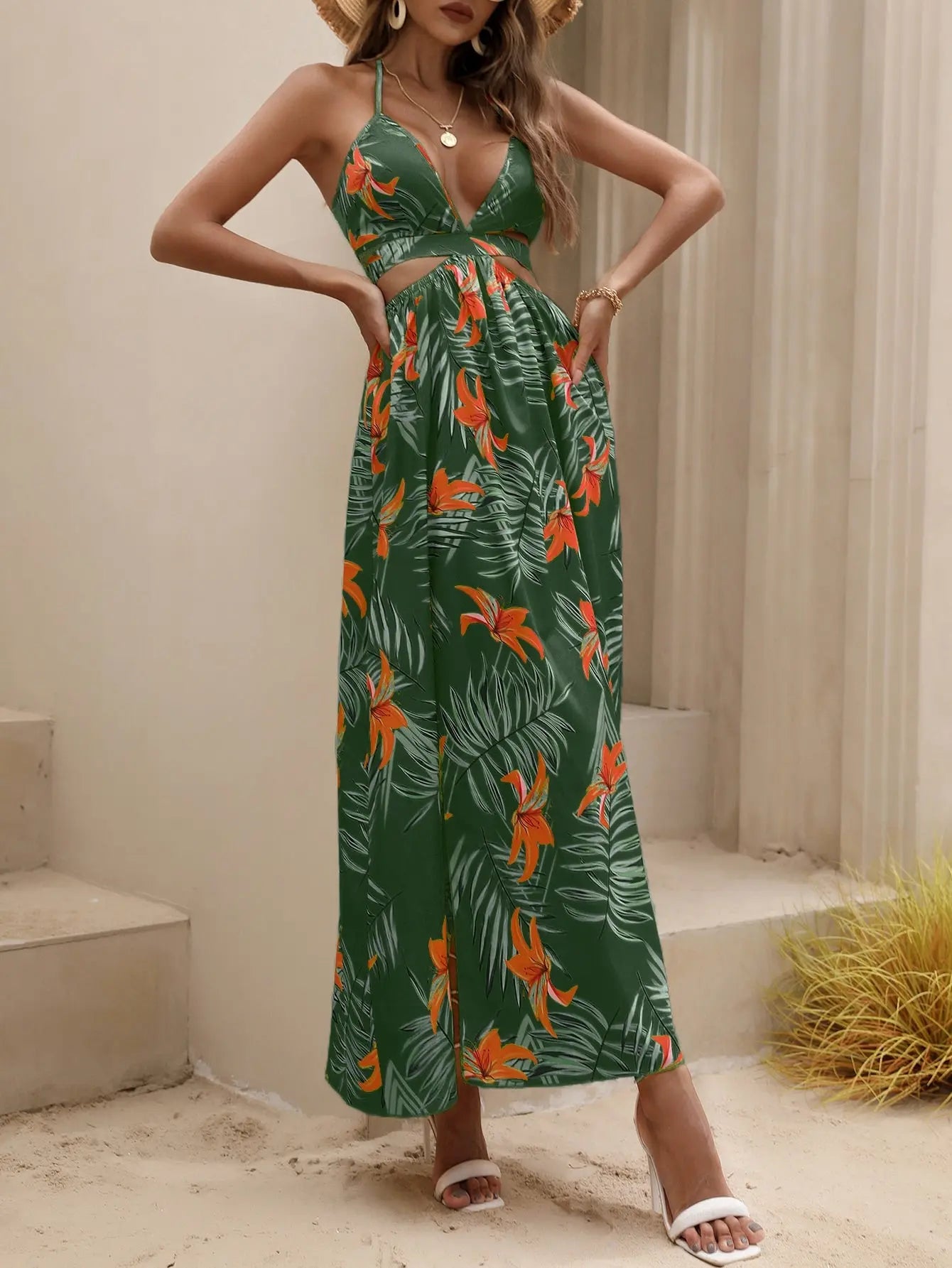 Tropical Print Backless Knot Halter Neck Split Thigh Dress - Browsglamour