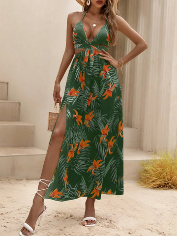 Tropical Print Backless Knot Halter Neck Split Thigh Dress - Browsglamour