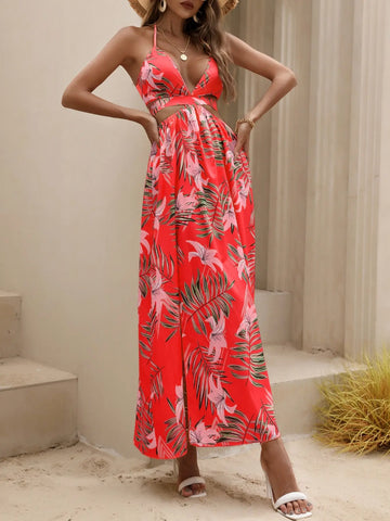 Tropical Print Backless Knot Halter Neck Split Thigh Dress - Browsglamour