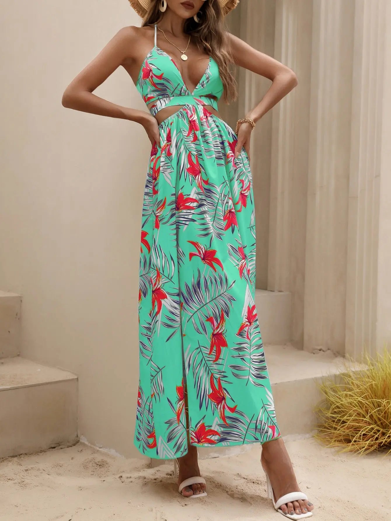 Tropical Print Backless Knot Halter Neck Split Thigh Dress - Browsglamour