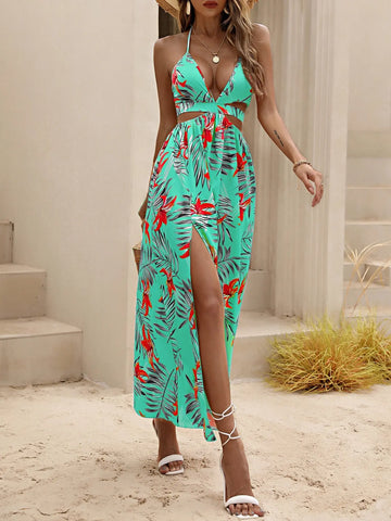 Tropical Print Backless Knot Halter Neck Split Thigh Dress - Browsglamour