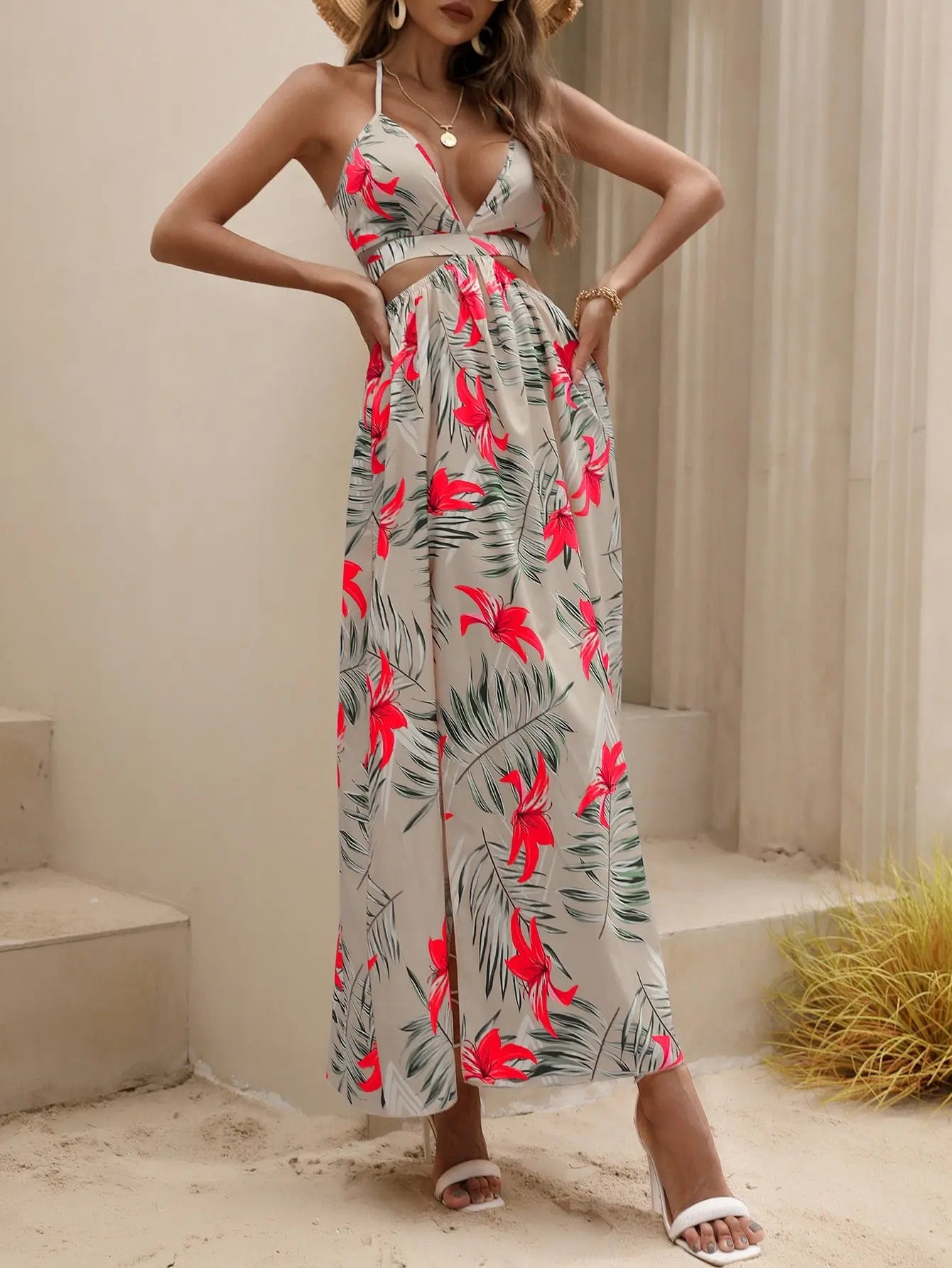 Tropical Print Backless Knot Halter Neck Split Thigh Dress - Browsglamour