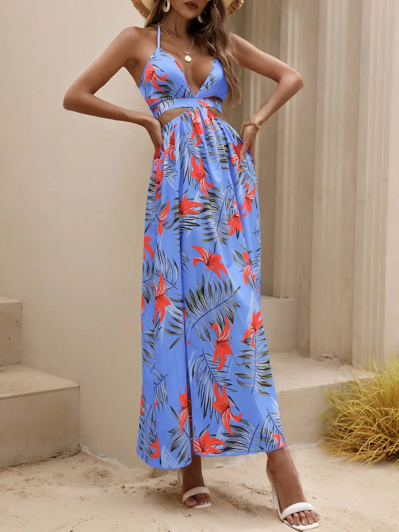 Tropical Print Backless Knot Halter Neck Split Thigh Dress - Browsglamour