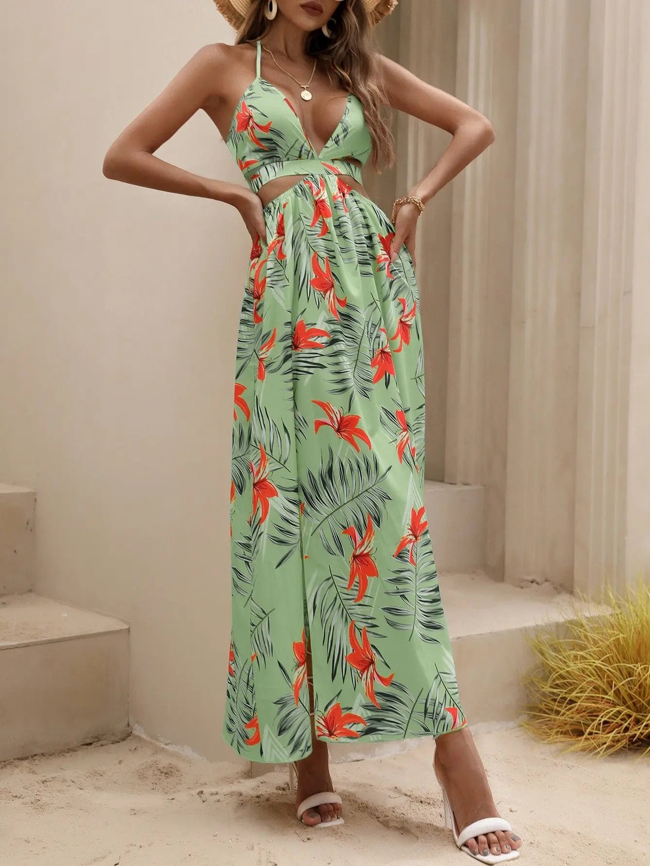 Tropical Print Backless Knot Halter Neck Split Thigh Dress - Browsglamour