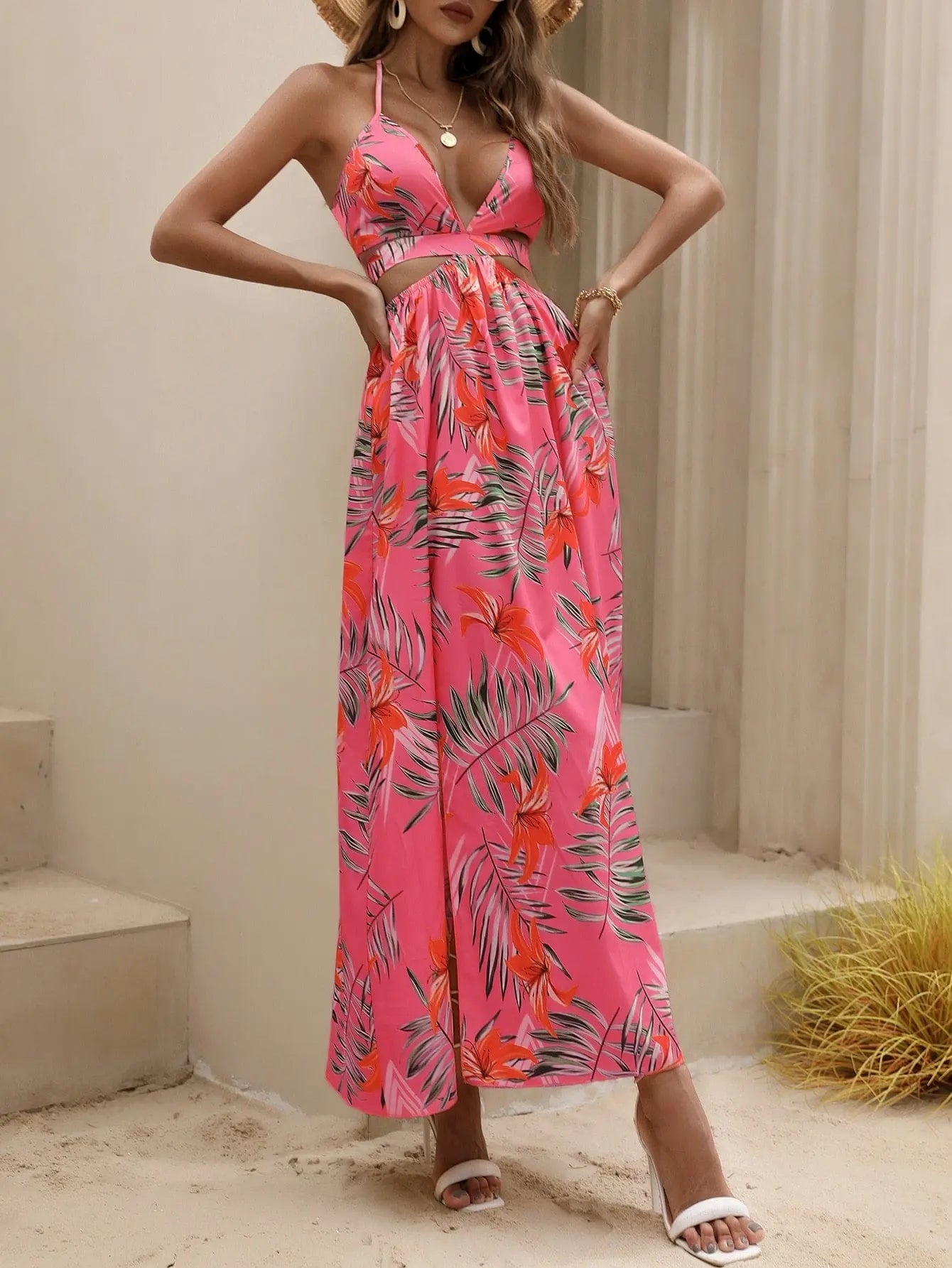 Tropical Print Backless Knot Halter Neck Split Thigh Dress - Browsglamour