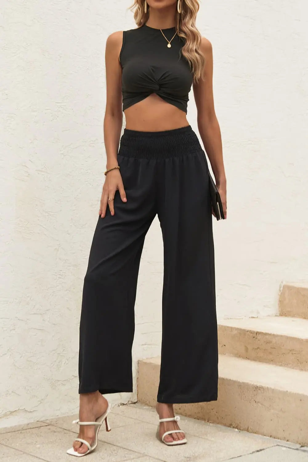 Twist Front Cropped Tank and Pants Set - Browsglamour