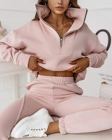 Two Piece Set for Women - Half Zipped Stand Collar Sweater and Casual Jogger Set - Browsglamour