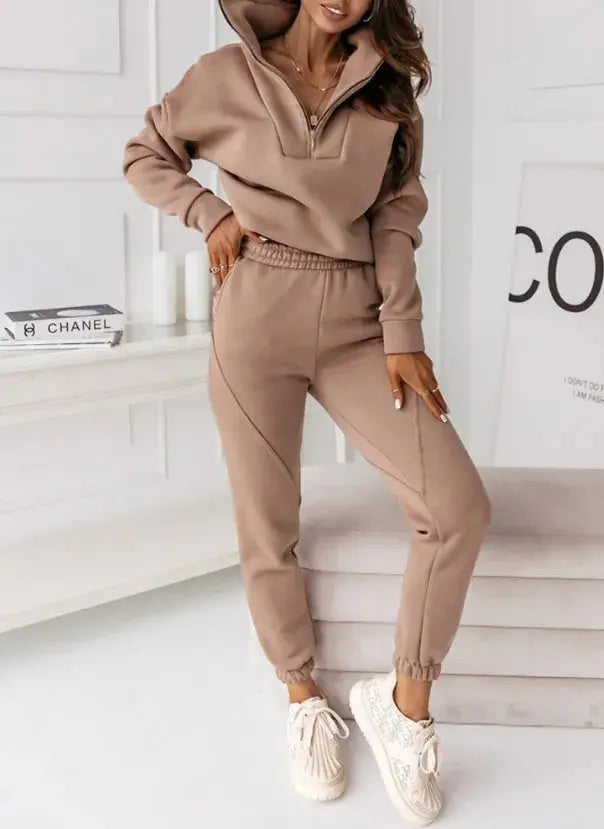 Two Piece Set for Women - Half Zipped Stand Collar Sweater and Casual Jogger Set - Browsglamour