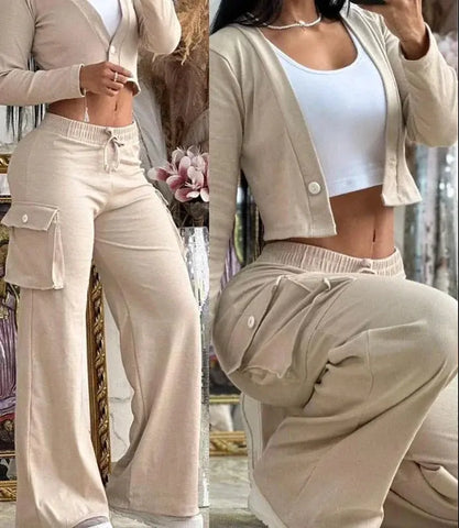 Two Piece Womens Elegant Cardigan Long Sleeve and Flared Cargo Pants Set - Browsglamour