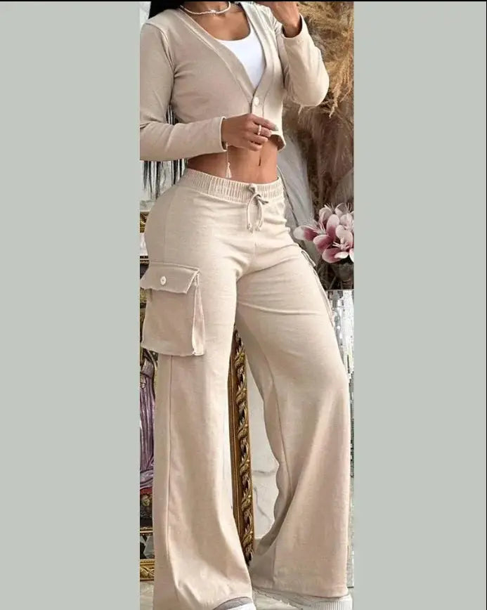 Two Piece Womens Elegant Cardigan Long Sleeve and Flared Cargo Pants Set - Browsglamour