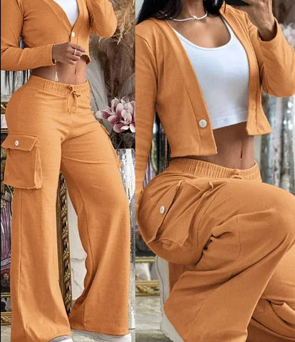 Two Piece Womens Elegant Cardigan Long Sleeve and Flared Cargo Pants Set - Browsglamour