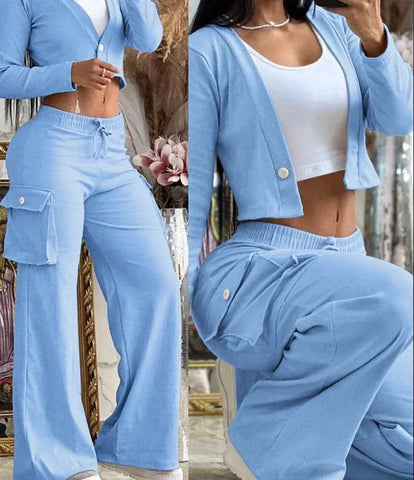 Two Piece Womens Elegant Cardigan Long Sleeve and Flared Cargo Pants Set - Browsglamour