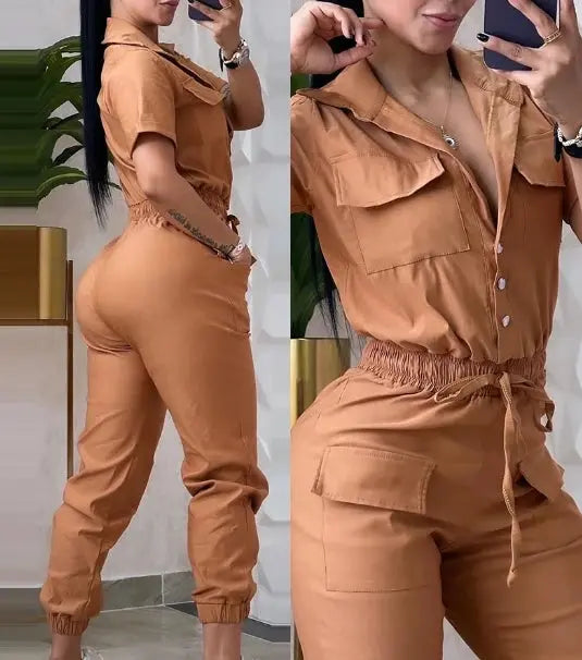 Women Casual Turn-down Collar Short Sleeve Pocket Design Cuffed Cargo Jumpsuits - Browsglamour