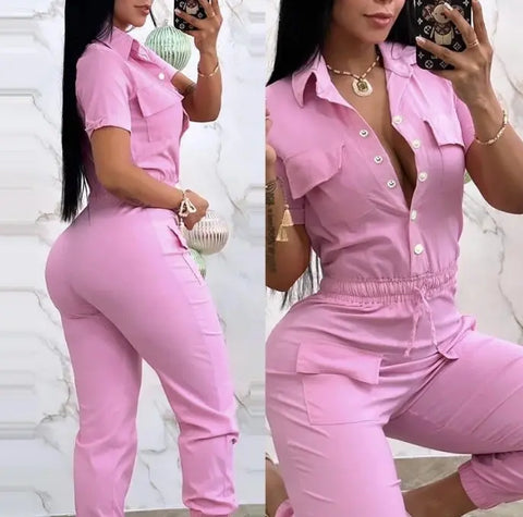 Women Casual Turn-down Collar Short Sleeve Pocket Design Cuffed Cargo Jumpsuits - Browsglamour